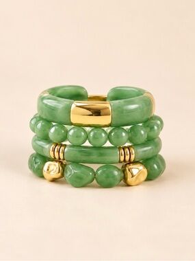 Green Beaded & Gold Accent Stackable Bracelet Set